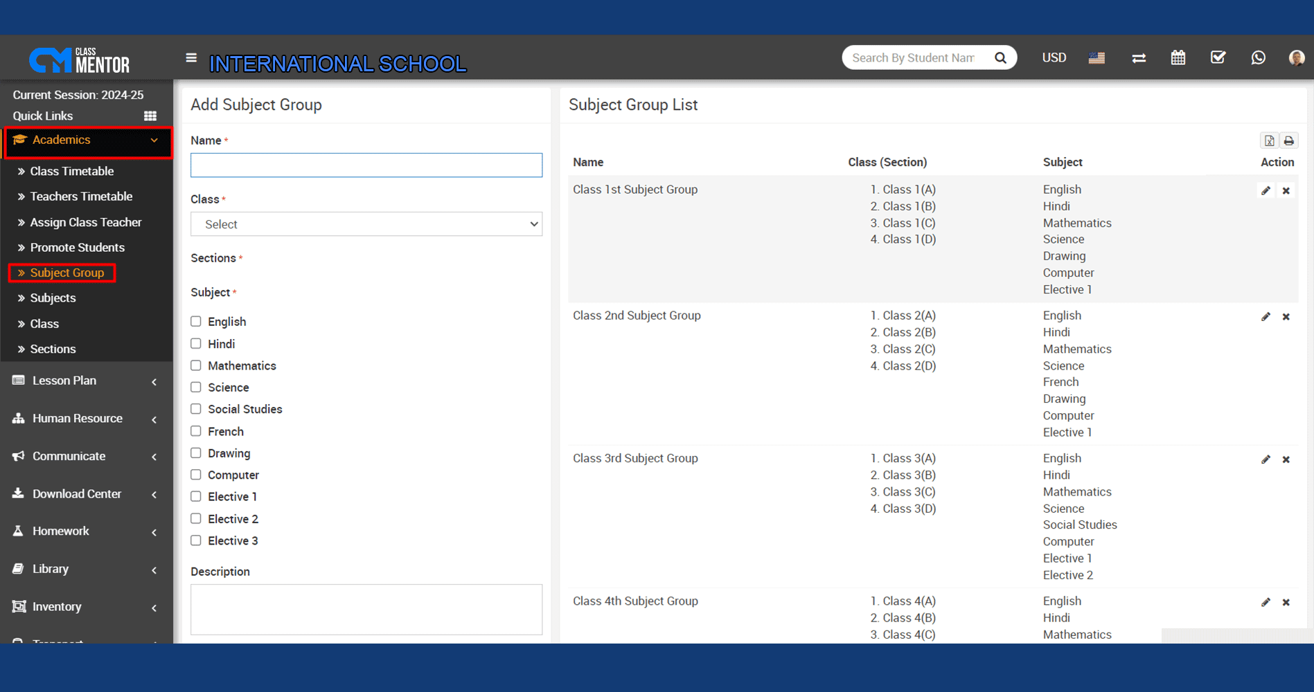 The Subject Group module categorizes subjects, streamlining curriculum management in school software for targeted learning paths.