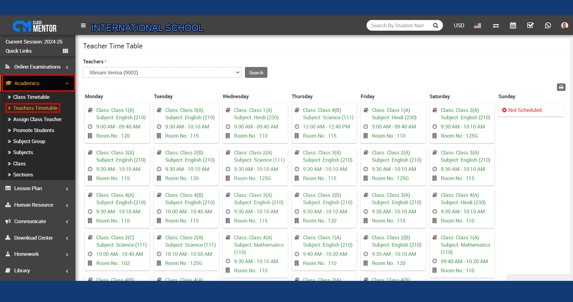 Manages teachers' schedules, optimizing their time allocation in school management software for efficient educational planning.