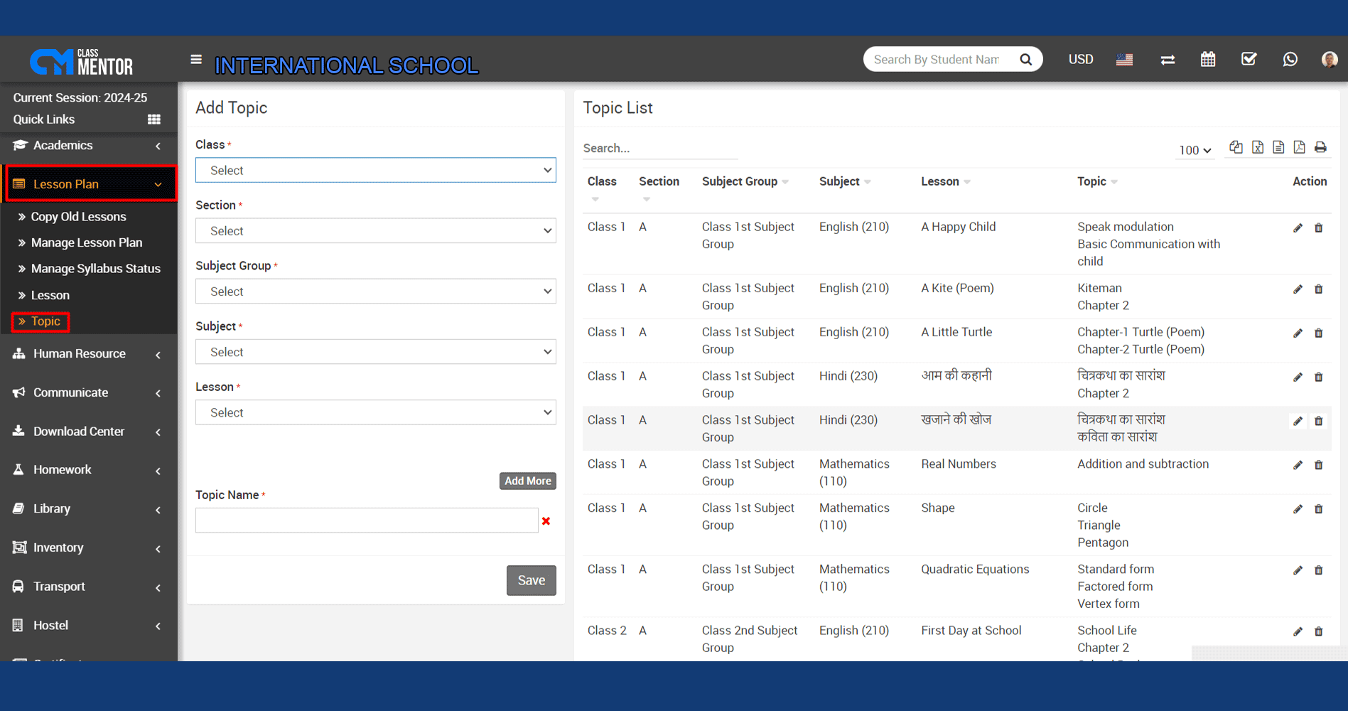 ClassMentor's Topics module facilitates organized categorization and access to teaching subjects, enhancing curriculum planning and instructional delivery seamlessly.