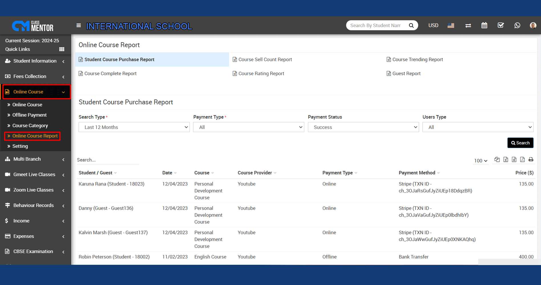 The Online Course Report module provides insights into student progress, performance, and engagement with online course materials.