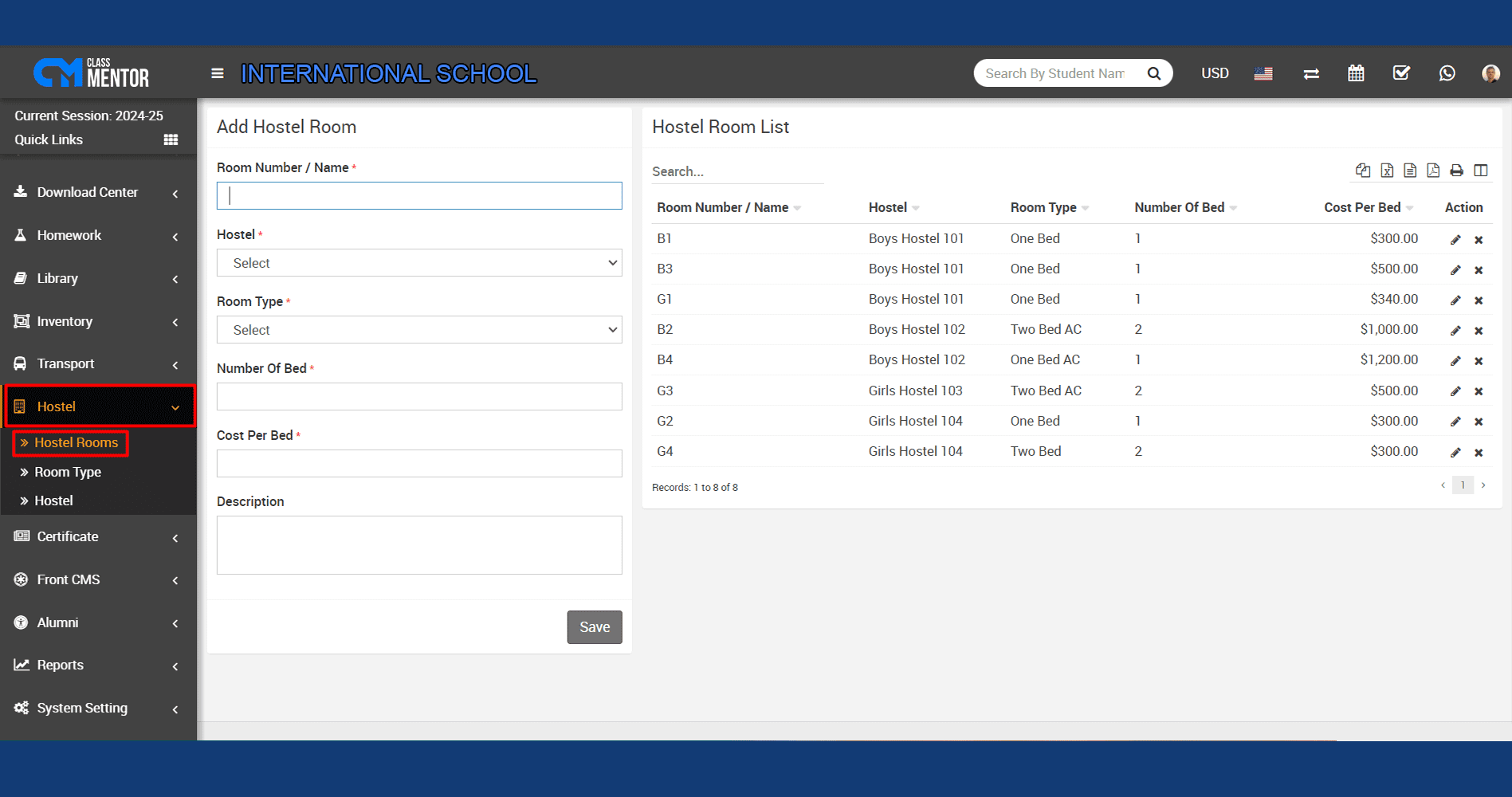 Classmentor's Hostel Type module categorizes hostel types, facilitating efficient management for schools, colleges, and institutes.