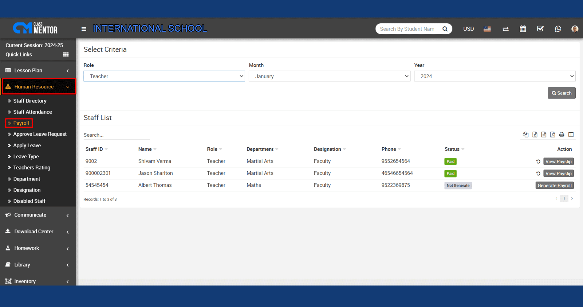 Payroll module automates salary calculations, ensuring accurate and efficient compensation management within educational institutions.