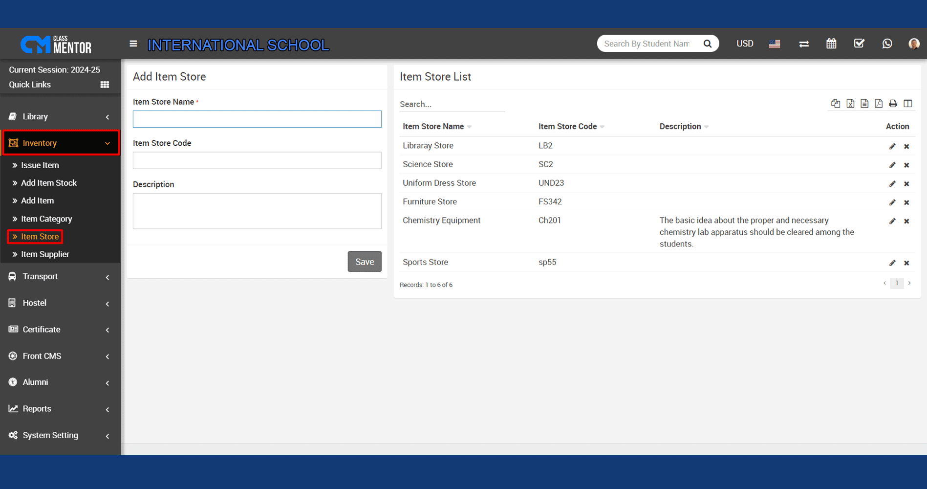 School management software's Item Store List streamlines inventory management, enhancing efficiency and organization for educational institutions.