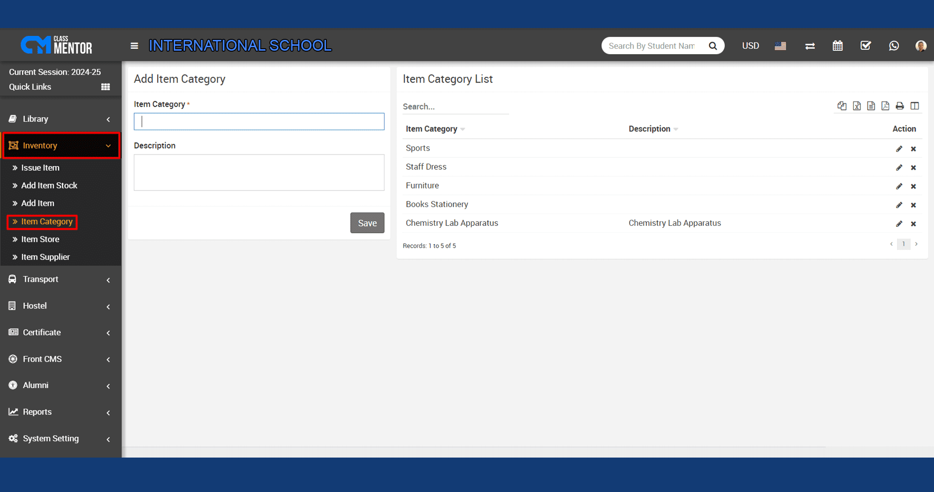 Item Category List in school management software organizes items, simplifying inventory management for educational institutions' efficiency.