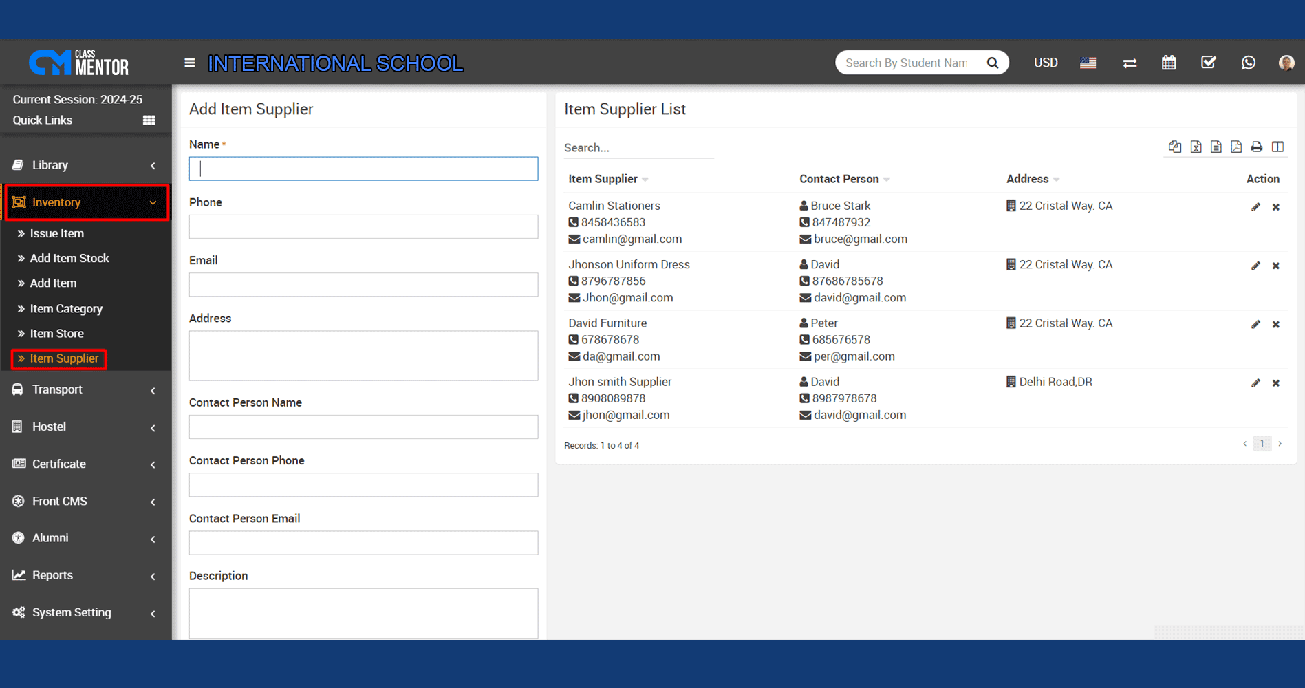 Suppliers List in school management software organizes vendor information, facilitating efficient procurement processes for educational institutions.