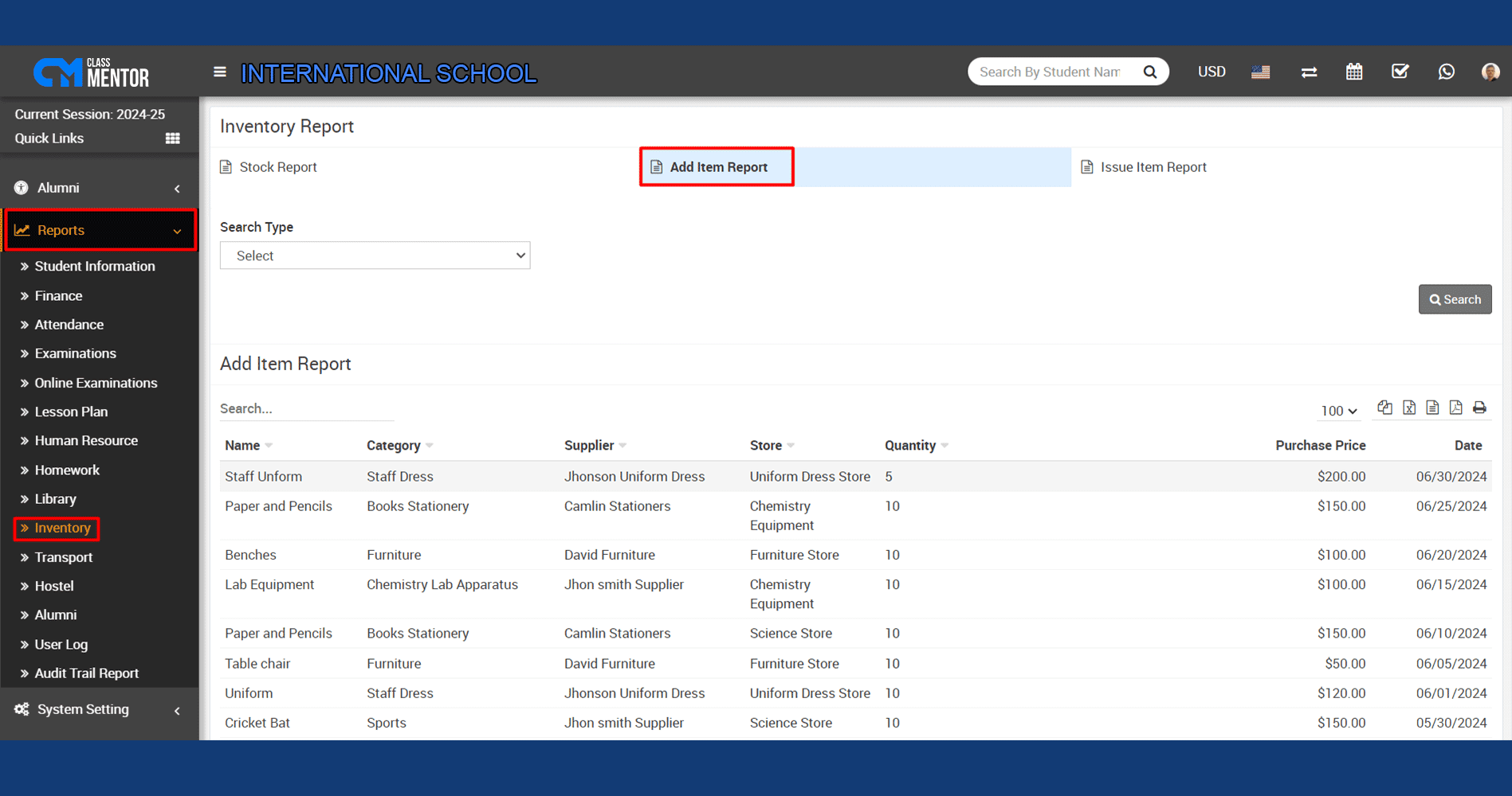 Add Item Report module logs new inventory additions, ensuring accurate record-keeping for school management software.