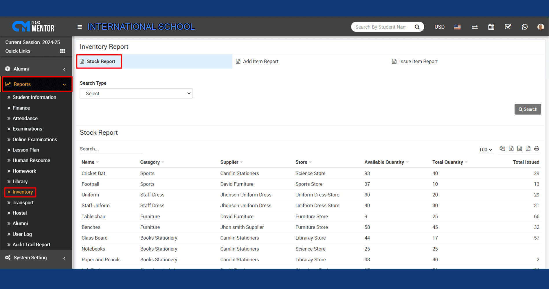 Stock Report module provides comprehensive insights on inventory status, aiding informed decisions for school management software.