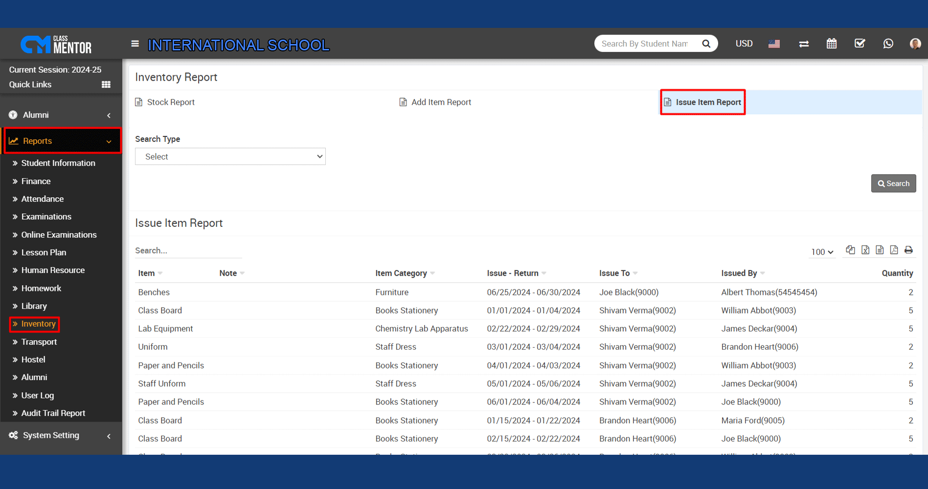 Issue Item Report module tracks resource distribution, offering detailed records for analysis in school management software.