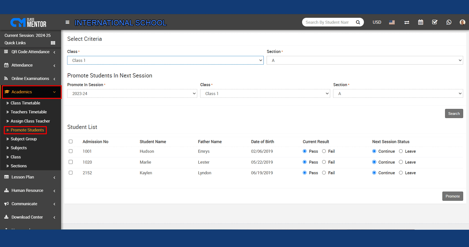 Manage student promotions, graduation: criteria, requirements, certificates; calculate eligibility, generate lists, send notifications.