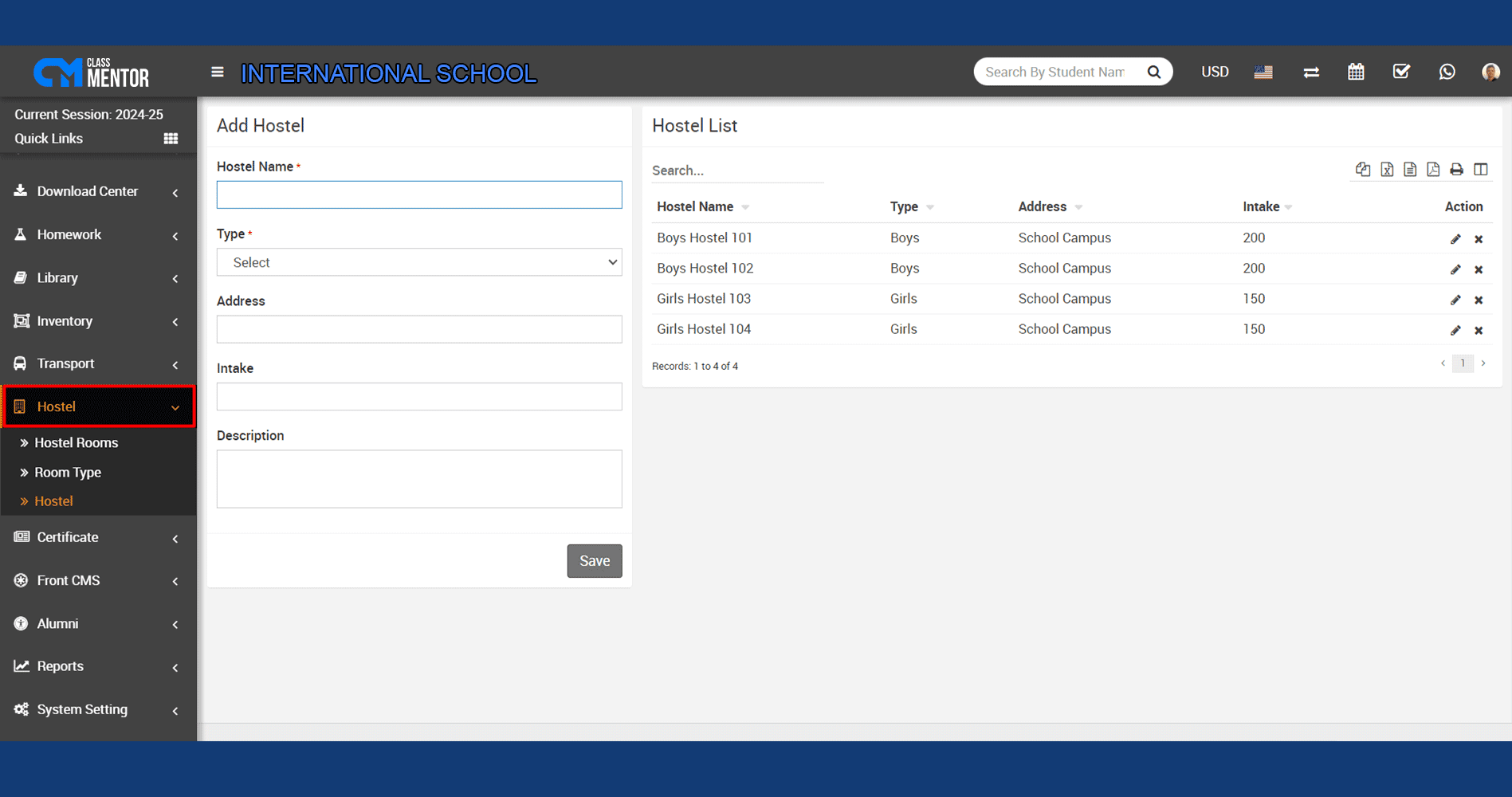 Manage student hostel: room allocations, check-in/out, maintenance; track occupancy, waiting lists, generate invoices.