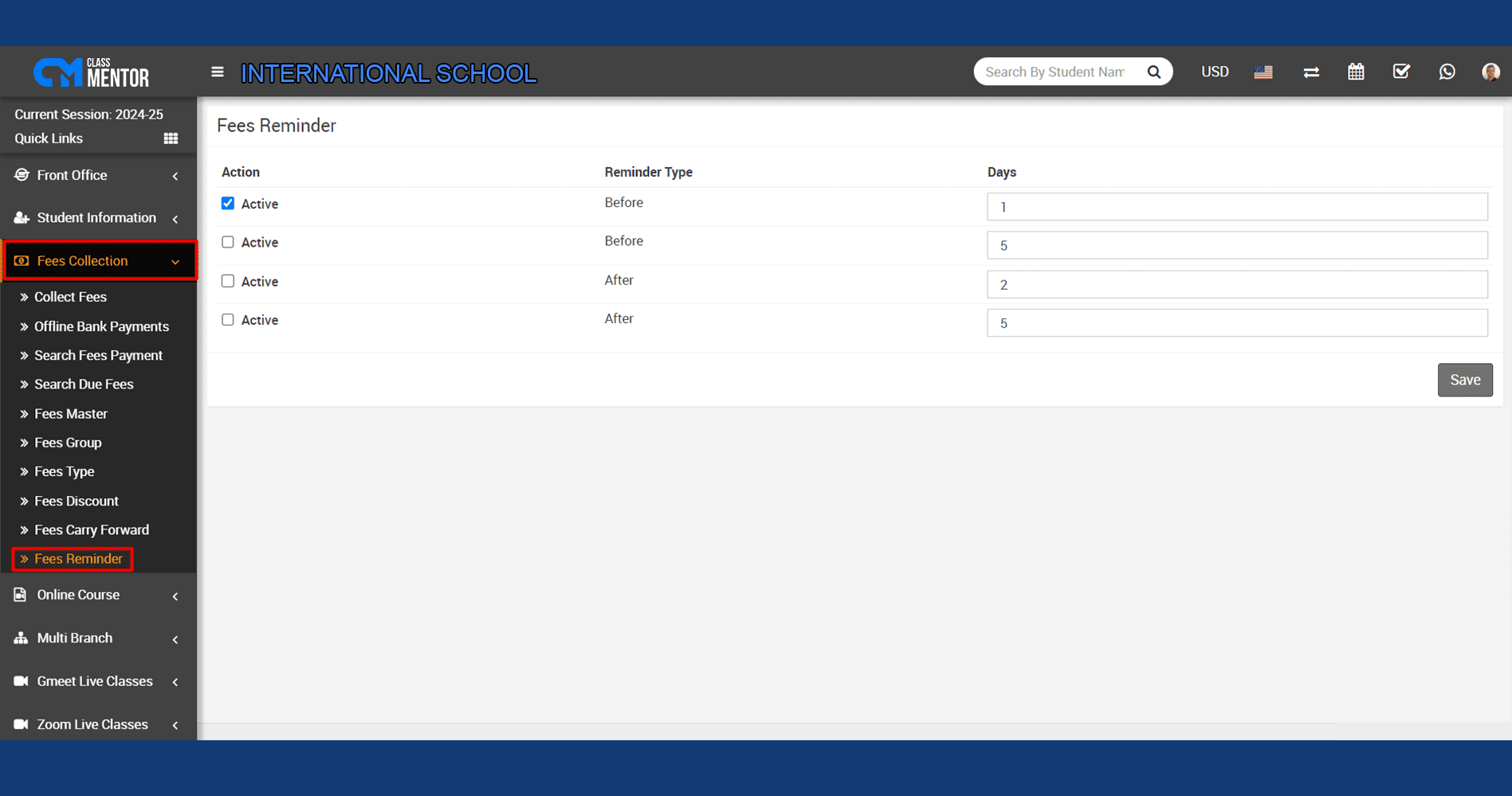 Automates reminders for outstanding fees, ensuring timely notifications to students and guardians in school management software.