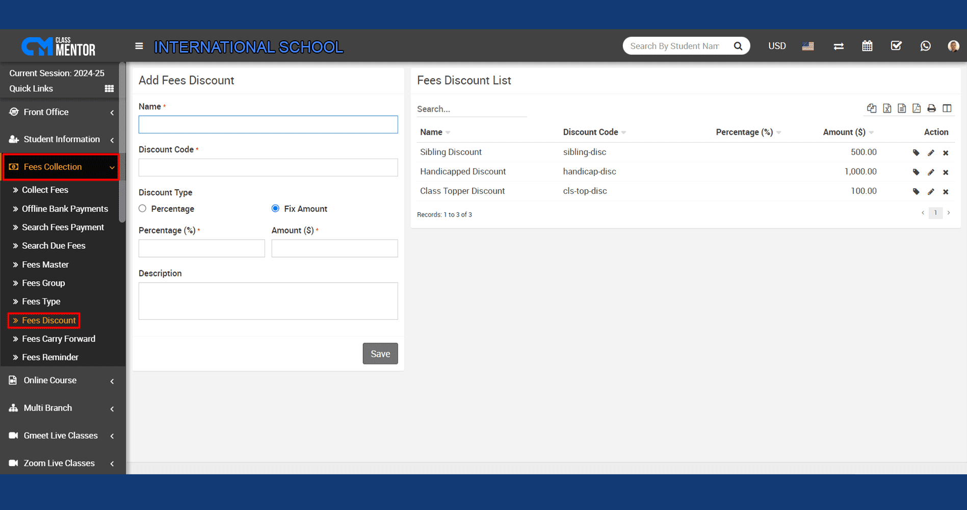 Facilitates applying discounts to fees in school management software, ensuring accurate financial transactions for institutions.