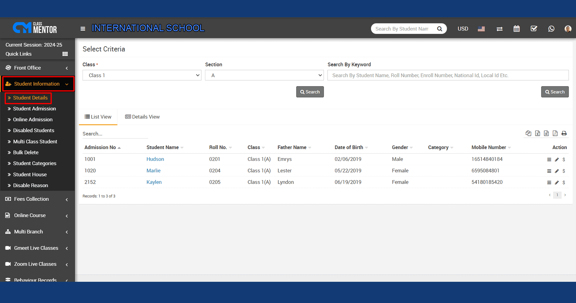 The feature offers a comprehensive list of enrolled students with details like names, roll numbers, contacts, and academic programs, facilitating easy access and search for administrators.