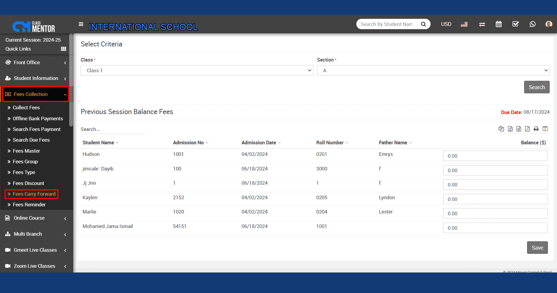 Carries unpaid fees forward for students in school management software, ensuring continuity and accuracy in records.