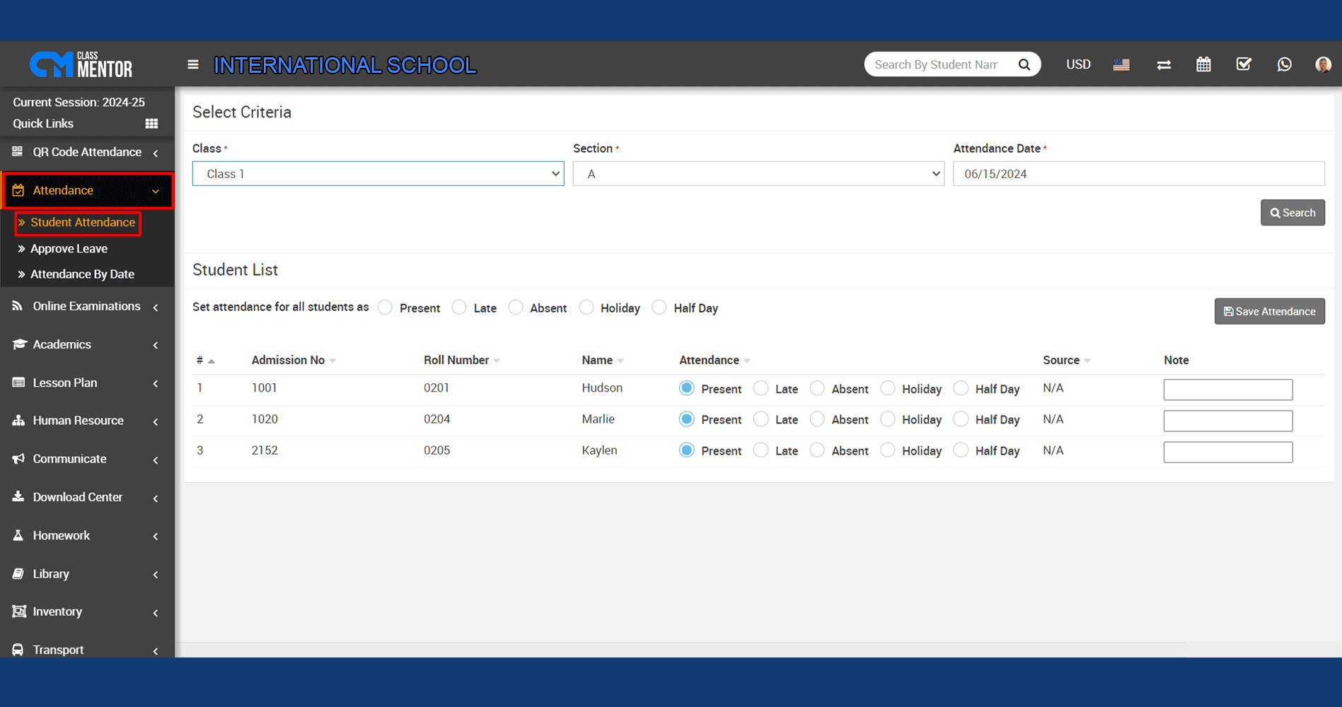 Track student attendance, manage leave, allow online marking, generate reports, handle requests, notify students/parents.