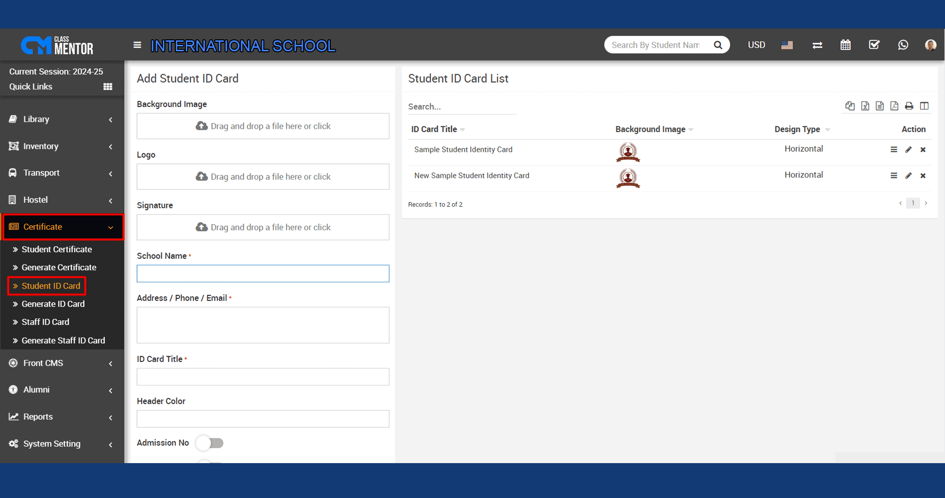 Generate student ID cards with details, photo, barcode/QR for access to facilities, identification, security.