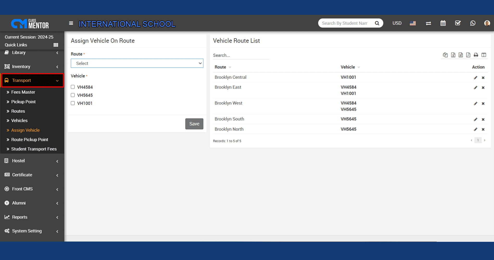 Manages transportation: routes, schedules, tracking, updates, bookings, reports, reduces teachers' workload.