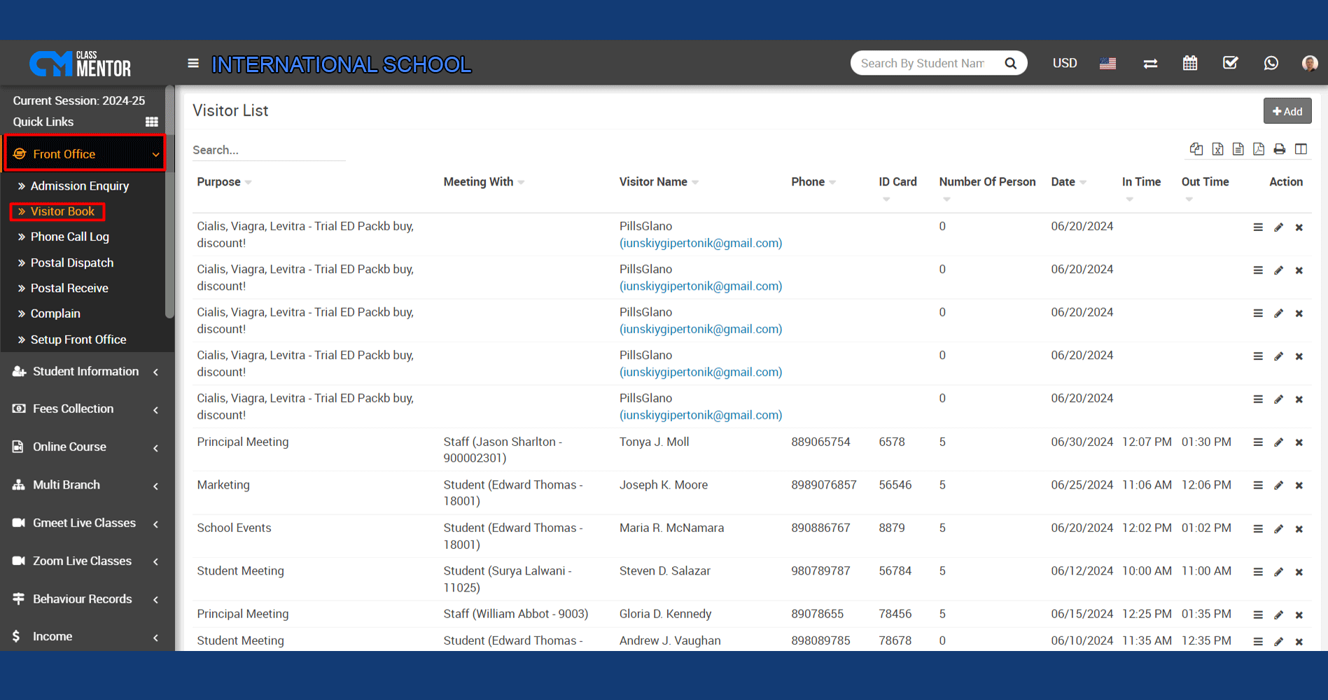 Classmentor's Visitor Book module tracks and manages visitor information effectively for schools, colleges, and institutes.