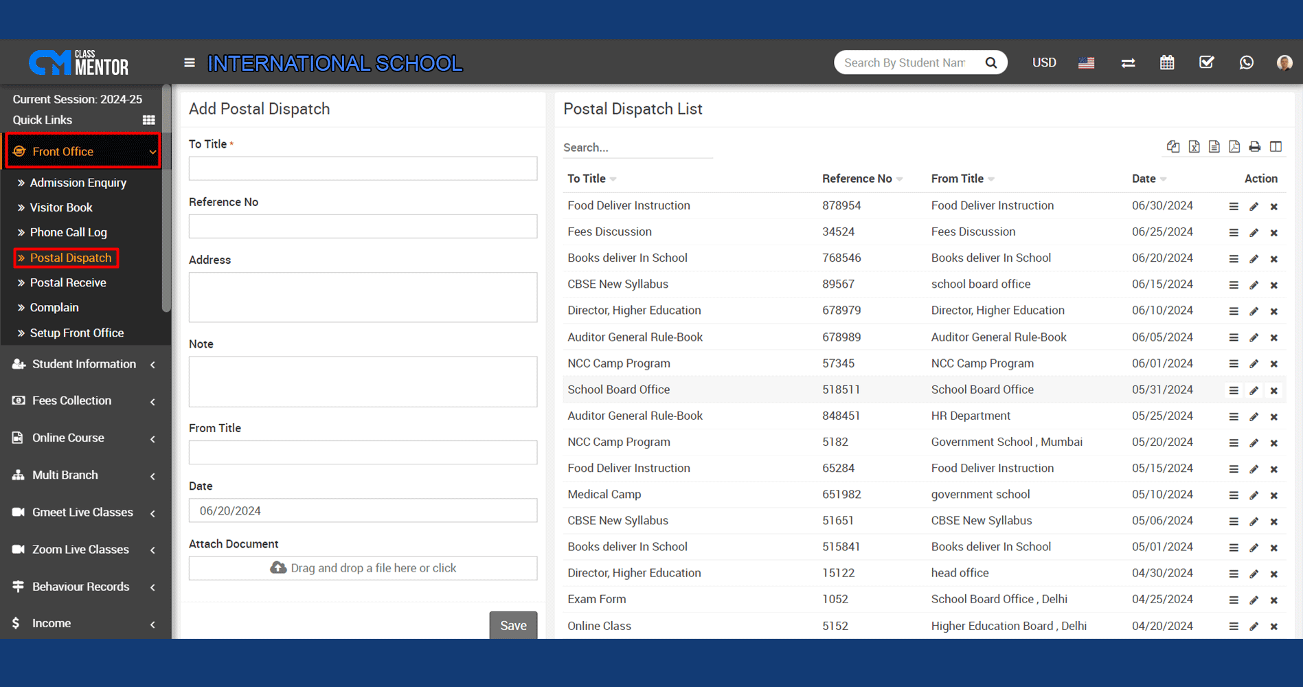 Classmentor's Postal Dispatch module effectively manages postal dispatch operations for schools, colleges, and institutes.