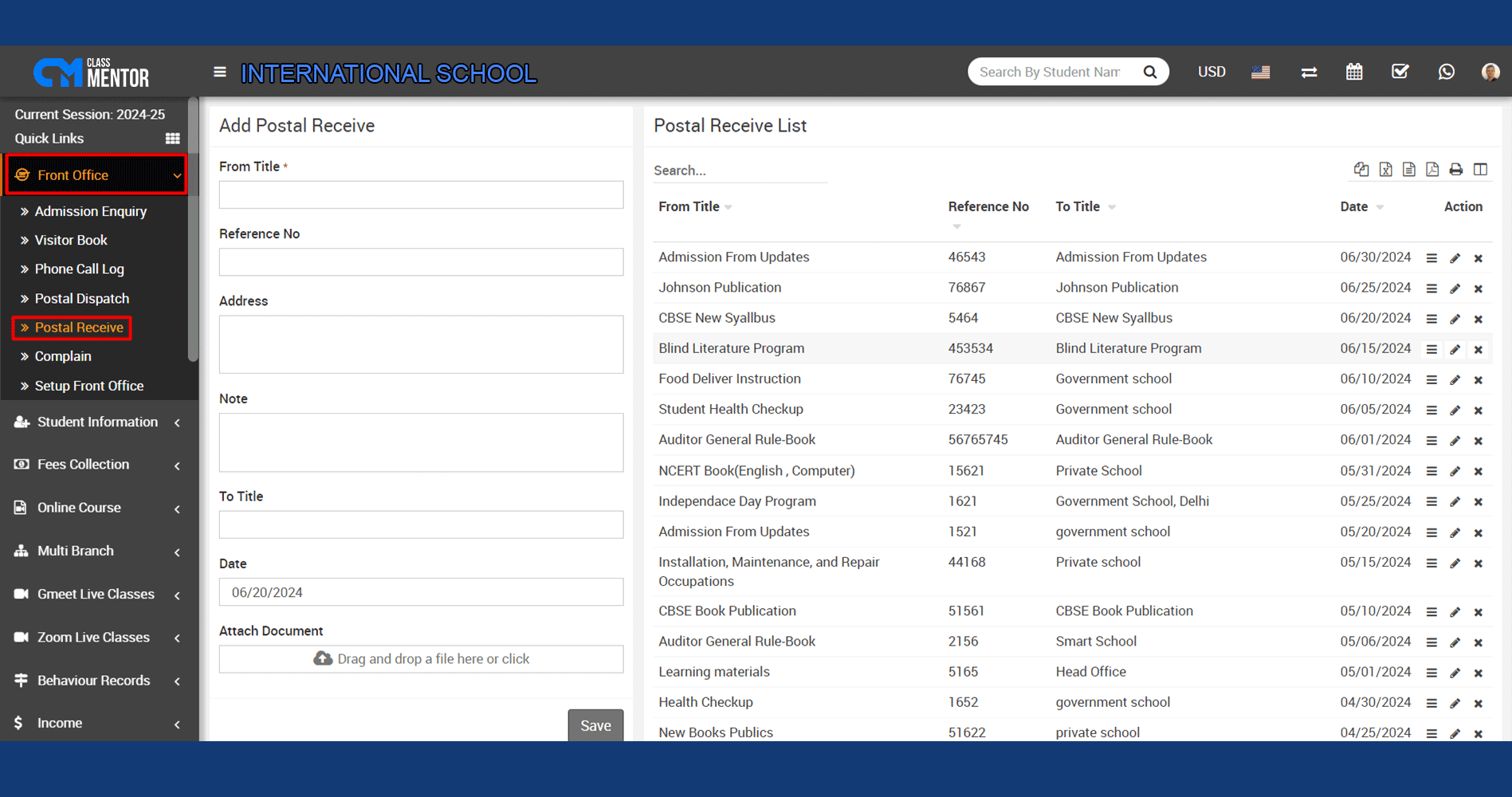 Classmentor's Postal Receive module efficiently handles postal receiving operations for schools, colleges, and institutes.