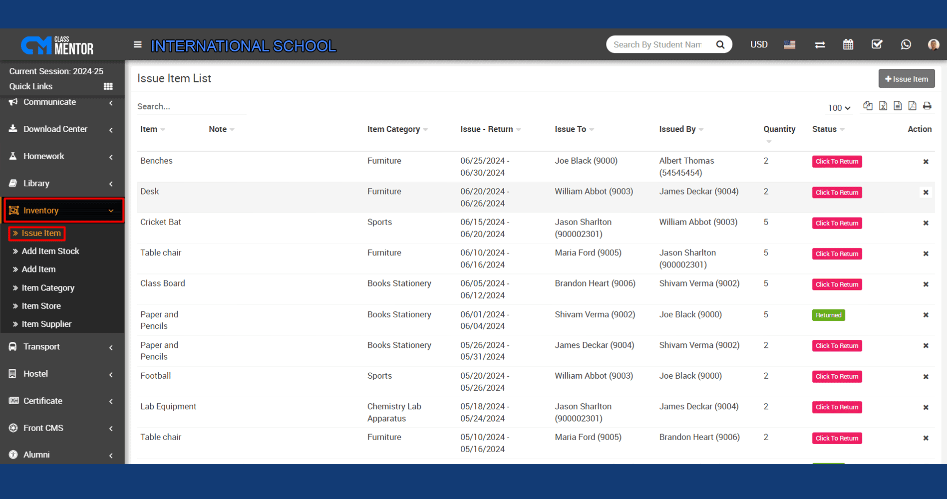 Issue Item module in school management software tracks distribution of resources, ensuring efficient allocation for educational needs.